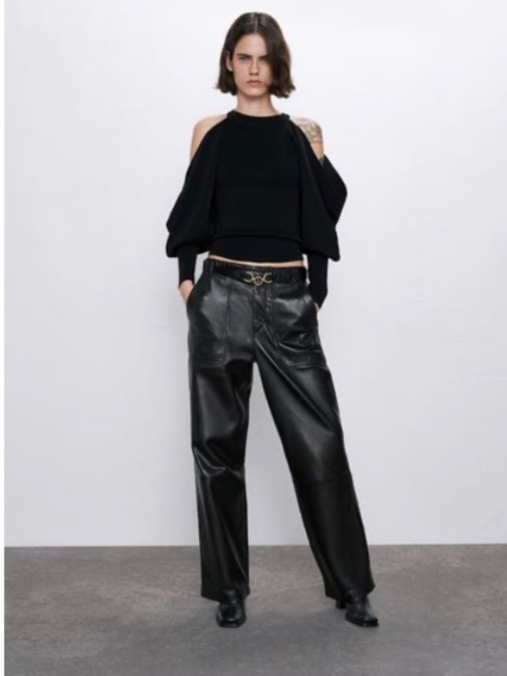 Zara NWT Black Cold Shoulder Sweater Large L Cutout Knit Top Long Sleeve